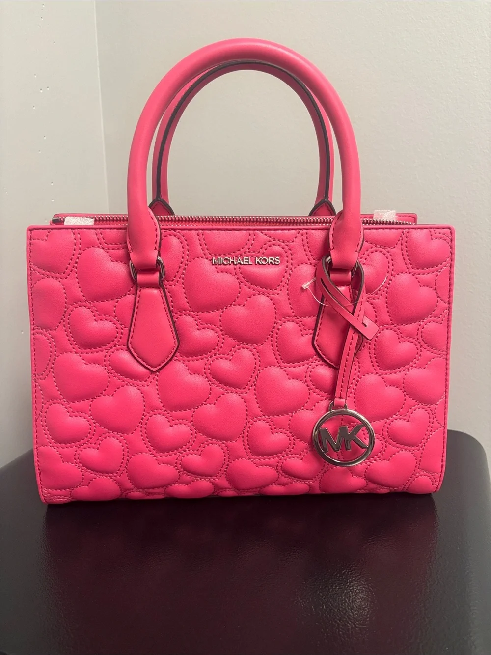 Michael Kors Sheila Pink Quilted Heart Leather Satchel - Picture 2 of 6